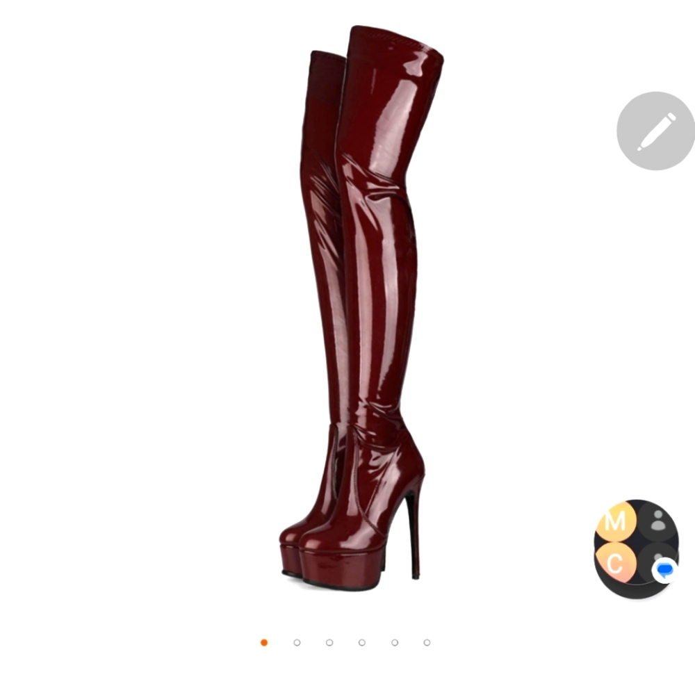 MAROON PATENT LEATHER THIGH HIGH BOOTS WITH PLATFORM & 6 IN. STILETTO HEEL